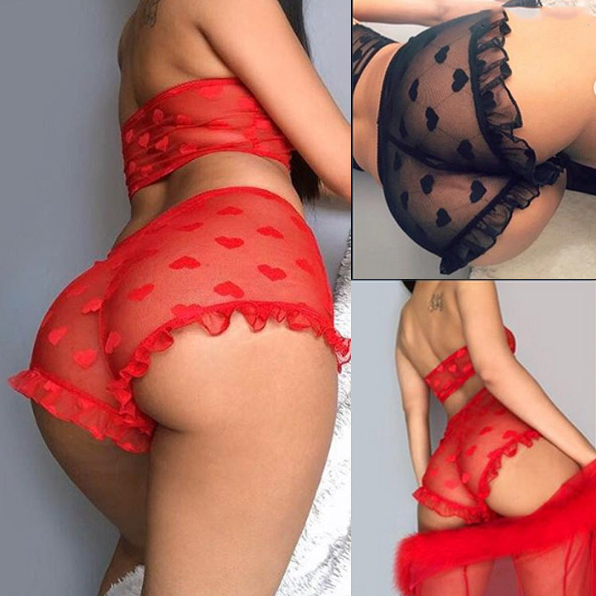 Mesh Sheer Bra Set Underwear Women Sexy Lingerie Underwear Ruffle Lingerie Lace Mesh Sleepwear Nightwear Bra Briefs Set