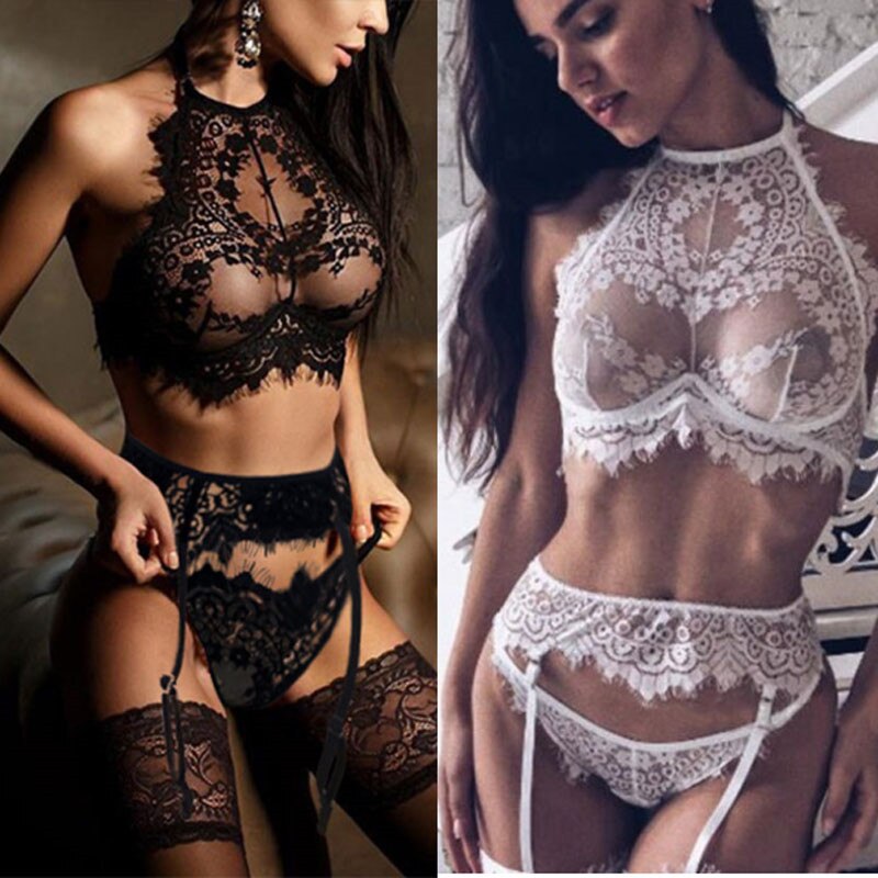 Summer Sexy Lingerie Bra Set White Black Teddy Sexy Embroidery Underwear Lingerie Sexy Eyelash Lace Costumes XXL