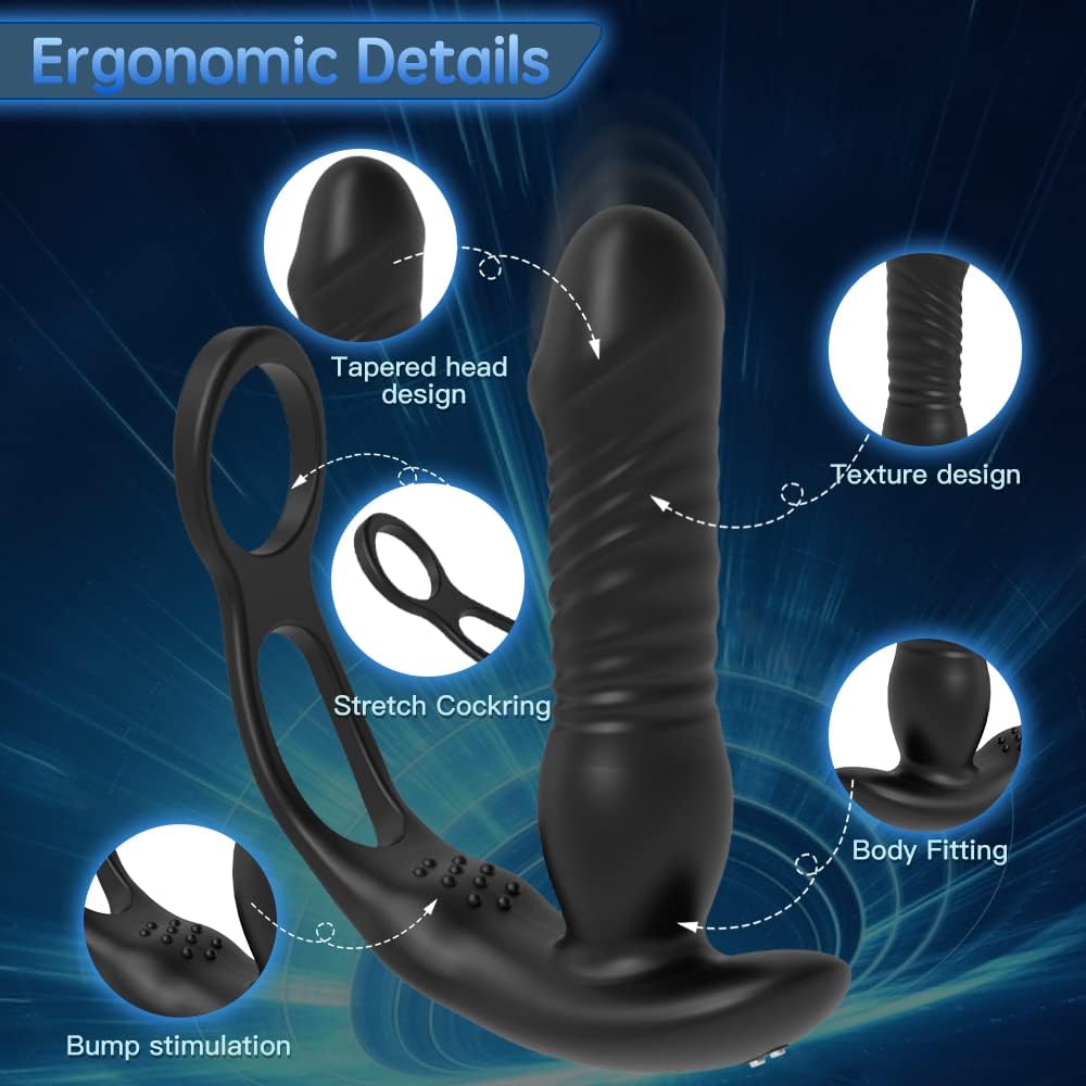 Anal Vibrator Prostate Massager with Remote Control Double Cock Ring Wearable Anal Toy Butt Plug Dildo Vibrator with 3 Thrusting