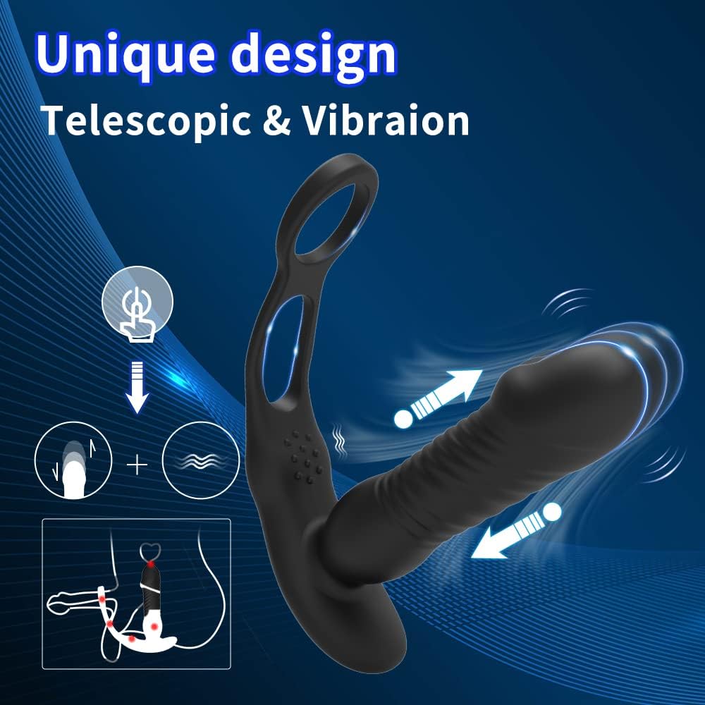 Anal Vibrator Prostate Massager with Remote Control Double Cock Ring Wearable Anal Toy Butt Plug Dildo Vibrator with 3 Thrusting