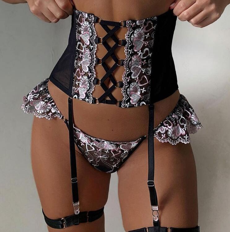 Three Pieces Female Sexy Lingerie Love Embroidery Girdle Cross Strap Sexy Lingerie