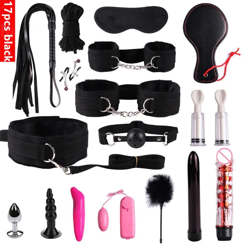 23 Pcs Bdsm Bondage Adult Slave Games Set Sex Handcuffs Whip Mouth Gag Porno Sex Butt Plug Bead Anal Plug Vibrator For Couples