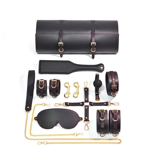 SM PU Set for Bdsm Bondage Kit Handcuffs Fetters Choker Mouth Gag Whip Ankle Cuffs Restraints Adult Games Sexshop Resellers Kit